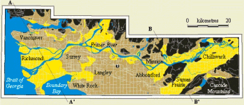 Map of three landscape types in southwestern BC.